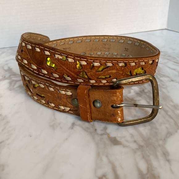 Vintage Western Belt Tooled Leather Holographic Inlay Brass Buckle Size 32‎ - Picture 1 of 9